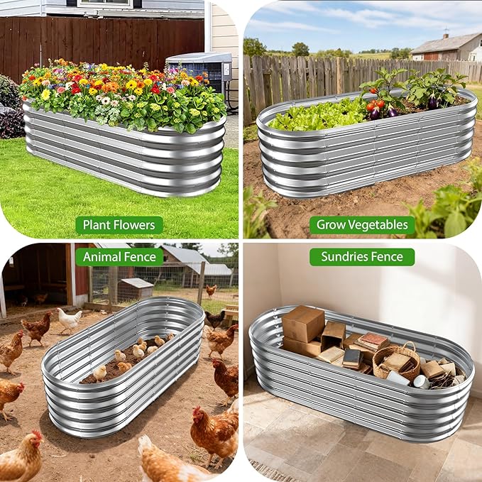 17" Tall Outdoor Garden Raised Garden Bed Kits, 5ft X 2ft Oval,0.8MM Thick Metal Raised Planter Bed/Ground Planter Box for Variety of Flowers,Herbs,Vegetables (Silver, 60X24X16.5 Inches)