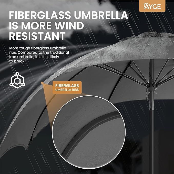 Ayge 9FT Large Outdoor Patio Umbrella Market Table Umbrella-UV Resistant, Easy Push Button Tilt and Crank, 8 Sturdy Fiberglass Ribs Heavy-Duty Pool Umbrella for Deck, Backyard,Garden,Grey