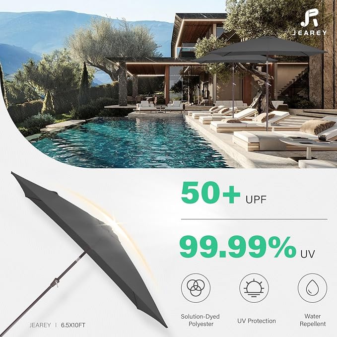 JEAREY 6.5x10 ft Rectangular Patio Umbrellas Rectangle Outdoor Umbrella with Push Button Tilt and Crank, Market Table Umbrella 6 Sturdy Ribs UV Protection for Poolside Garden Backyard Deck, Gray