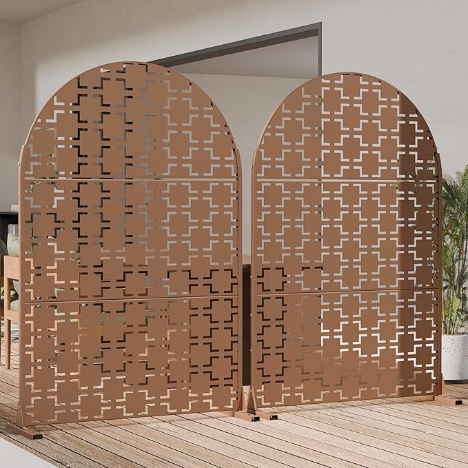 Casaphoria 72" H x 47" W Arched Metal Privacy Screen - Elegant Freestanding Outdoor Screen for Deck, Patio & Balcony - Versatile Decorative Privacy Panels for Home & Garden Use (Brown-Square)