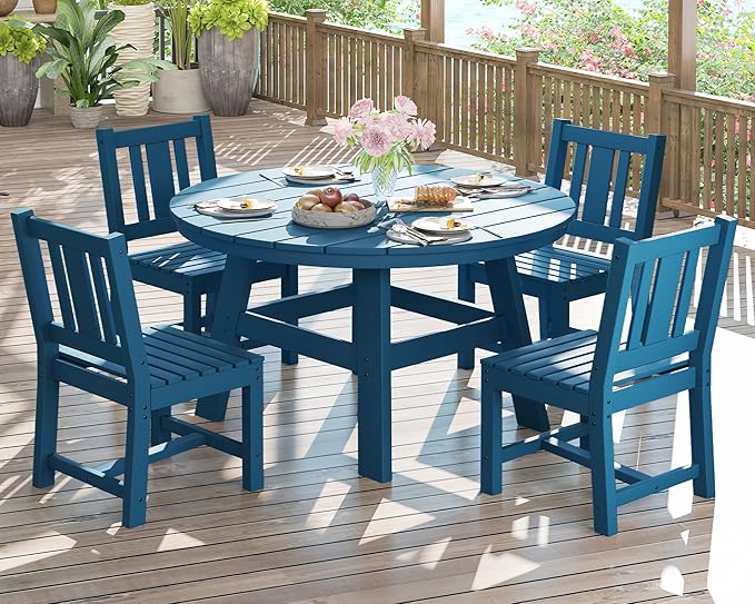 AMERLIFE 5 Piece HDPE Outdoor Dining Table & Chairs Set, All-Weather Patio Table and Chairs Set Furniture with Umbrella Hole for Garden, Backyard, Poolside, Seaside, Blue