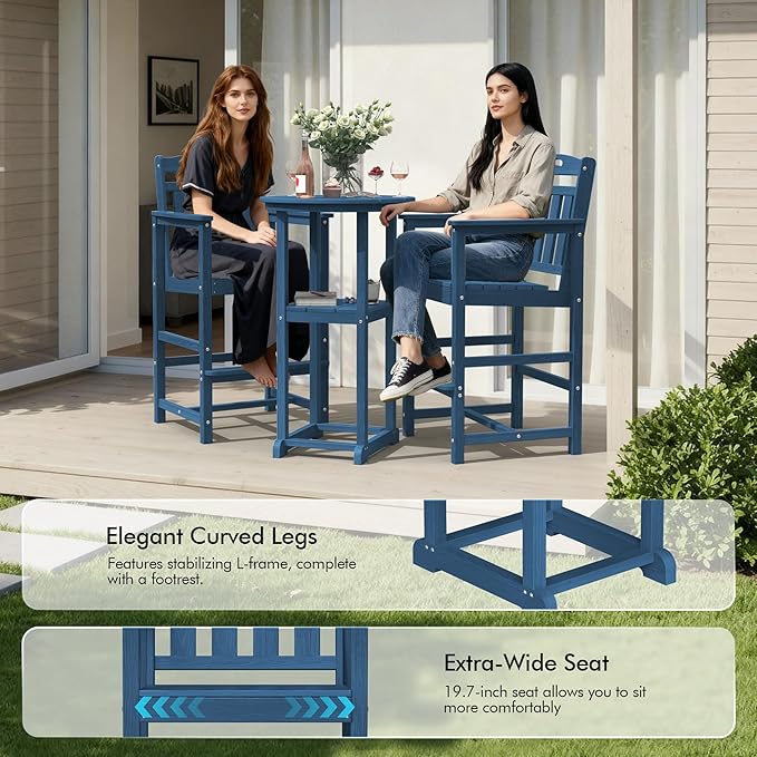 Ciokea 3-Pcs Bistro Table and Chairs, All-Weather Round High Top Bar Table with Storage Shelf and 2 Oversized Adirondack Chairs, Heavy Duty Outdoor Bar Patio Bistro Set for Balcony Deck, Navy Blue