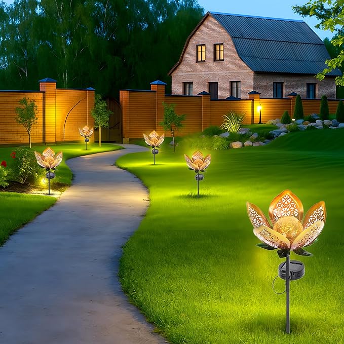 2Pack Solar Lights Outdoor Garden Decor,LED Lotus Flower Lamp, Metal Tulip Solar Lawn Lamp for Courtyard Decoration, Garden Gifts for Women