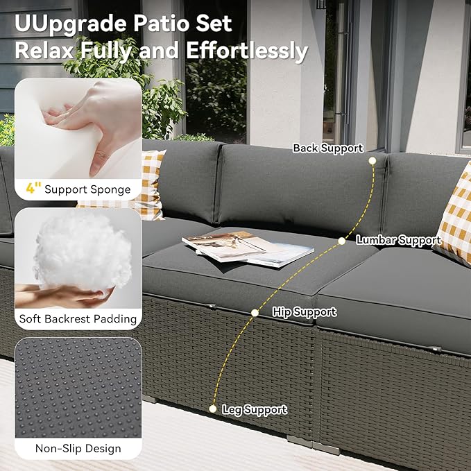 Aoxun Patio Furniture Set, 7 Piece Outdoor Sectional Sofas with Waterproof Cover, Wicker Rattan Outdoor Furniture Patio Conversation Set for Backyard, Garden Dark Grey