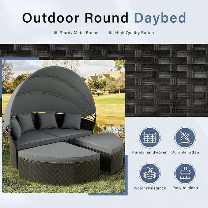 Crownland Outdoor Round Daybed with Retractable Canopy, Patio Daybed with Washable Cushions, Clamshell Sectional Seating, Black Wicker Furniture for Garden, Patio, Pool (Grey,Gray)