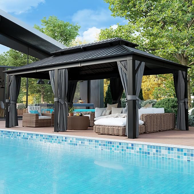 Aoxun 12' X 20' Hardtop Gazebo, Galvanized Steel Double Top, Aluminum Metal Gazebo with Curtains and Netting, Permanent Canopy Pavilion for Wedding, Party, Outdoor Dining