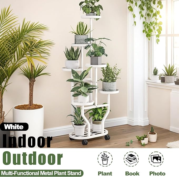 Plant Stand with Wheels 6 Tier Metal Flower Shelf for Indoor Outdoor Corner Multiple Plants Holder Rack for Bedroom Living Room Garden Balcony Yard White (White, 6 Tier)
