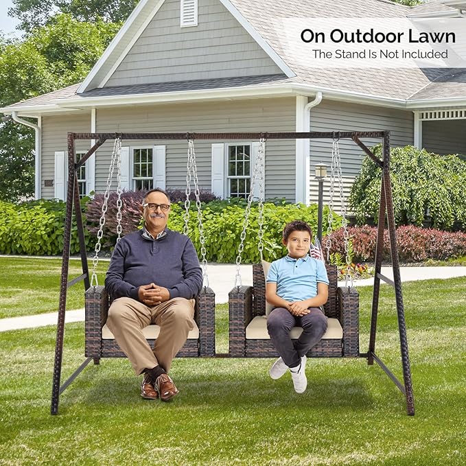 Outvita Porch Swing, 2FT Hanging Outdoor Porch Swings for Adults, Square Wicker 1 Person Patio Swing, with Cushion, Pillow and Chain for Garden, Backyard, Weight Capacity - 440lbs Brown & Khaki