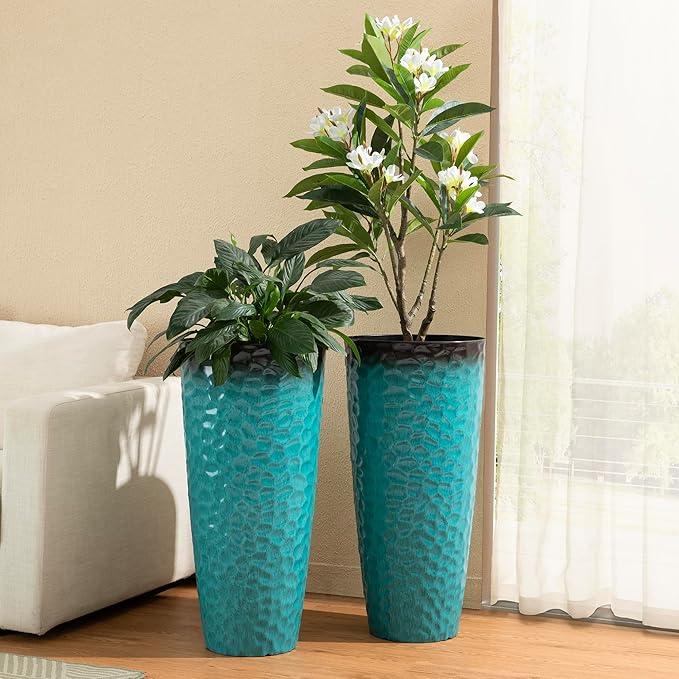 Glitzhome 31" H Oversized Tall Planter, Set of 2 Honeycomb Textured Gradient Turquoise Plastic Tall Outdoor Planters with Drainage Holes, Round Large Flower Pots for Indoor Outdoor Front Door Patio