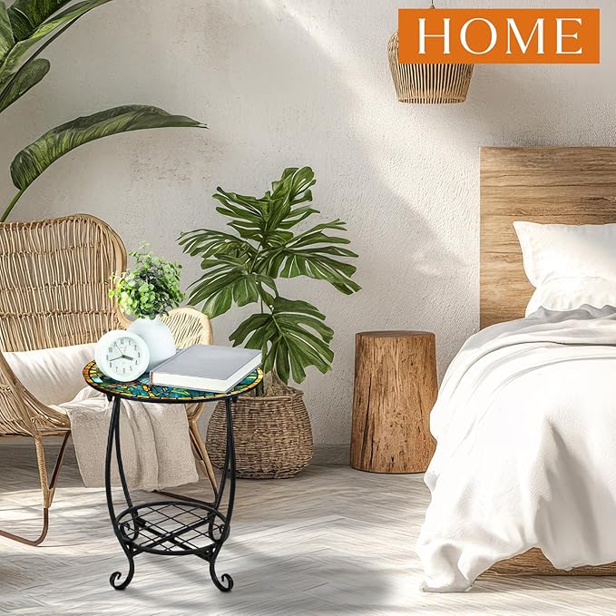 Outdoor Side Table Round Small Mosaic Patio Accent Indoor End Plant Coffee Tea Table for Yard Patio Porch Garden Living Room, Bedroom(Butterfly Style,14 Inch)