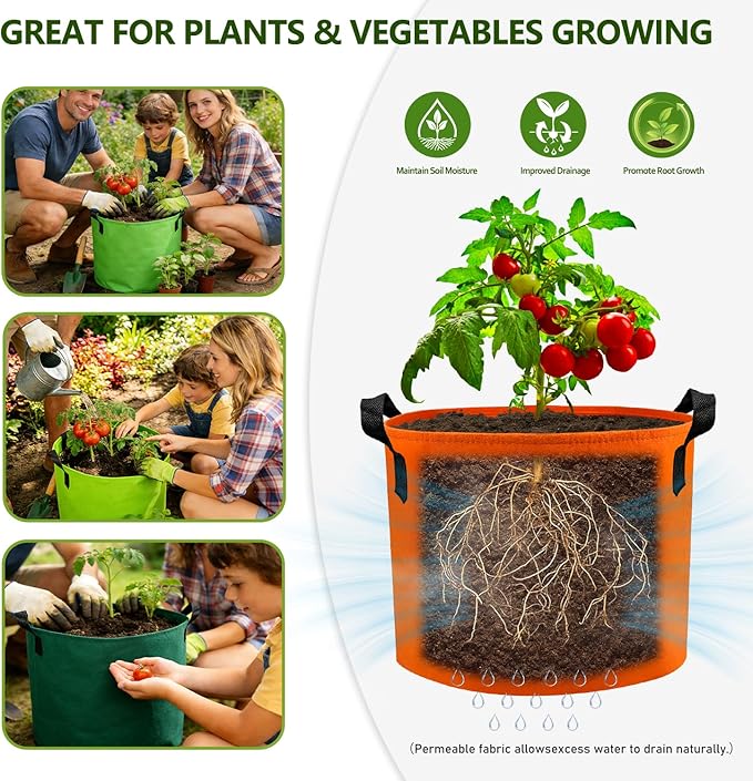 Grow Bags, 7 Pack Colorful 10 Gallon Grow Bags, Reusable Fabric Grow Bags, Foldable & Washable for Vegetables, Tomato Pots, Garden & Outdoor Growing