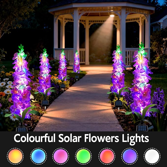 Solar Garden Lights, Solar Purple Delphinium Flowers Lights 4 Pack 80 LEDs, Waterproof Outdoor Light Two Lighting Modes for Outside Wedding Party Garden Yard Patio Lawn Decor