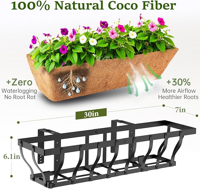Railing Planter Boxes, Heavy Duty Window Box Planters, Adjustable Balcony Planters for Railing Hanging, with Coco Liner & Support Rod for Deck, Porch, and Patio Gardening (3 Pack, 30 Inch)