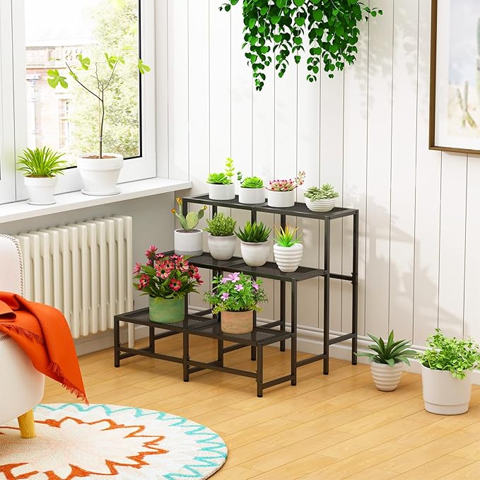 Garden 4 you 3 Tier Split Type Large Metal Plant Stand Stackable, Garden Display Shelf Flower Pot Holder Storage Organizer Rack for Indoor Home Outdoor Patio Balcony Yard( Black,Rectangle)