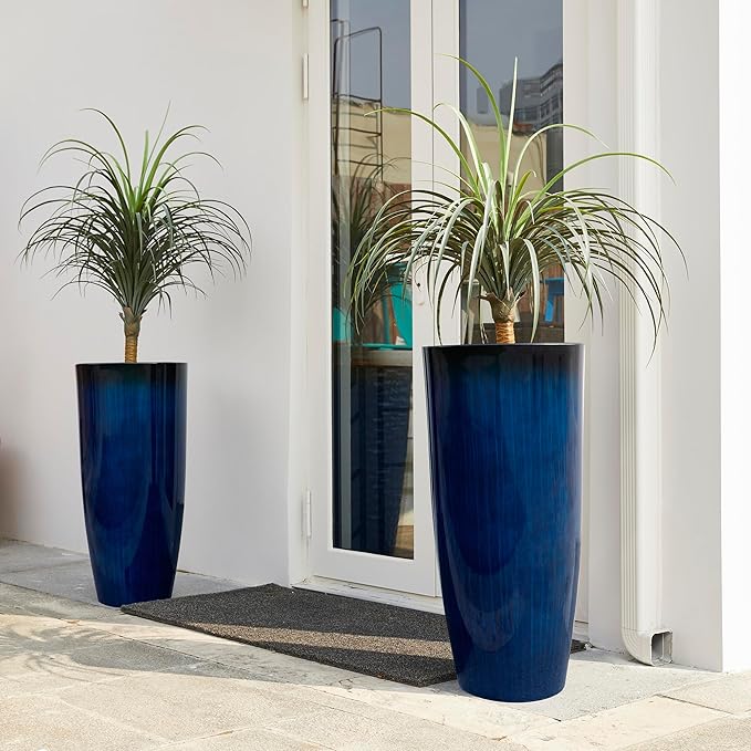 Glitzhome 30" H Tall Planters for Outdoor Plants, Set of 2 Plastic Large Outdoor Planters with Gradient Cobalt Blue Faux Ceramic Finish,Large Flower Pots with Drainage Holes for Front Porch Indoor