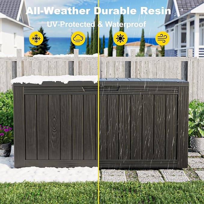 ROJIK Outdoor Storage Box with Wheels – 85 Gallon Mobile Waterproof Resin Deck Box, Lockable Storage for Patio Cushions, Garden Tools, Pool Accessories – UV-Resistant Storage Bench for Backyard & Deck
