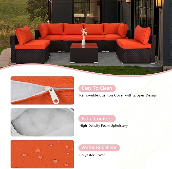 7-Piece Patio Furniture Set - Outdoor Sectional Sofa Set with Cushions and Glass-Top Coffee Table for Gardens, Poolside, Backyards and Porches, Black/Orange