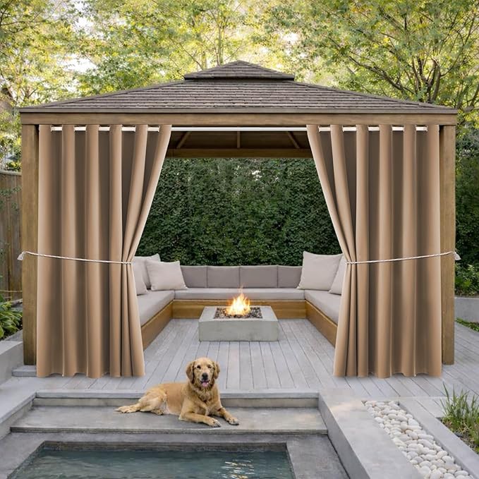 DIVA EN CAMINO DEC Outdoor Patio Curtain Waterproof Darkening Thermal Insulated Indoor Curtains for Bedroom, Porch, Living Room, Pergola, Cabana, W84 x L95, Camel Brown, Set of 2 Panels