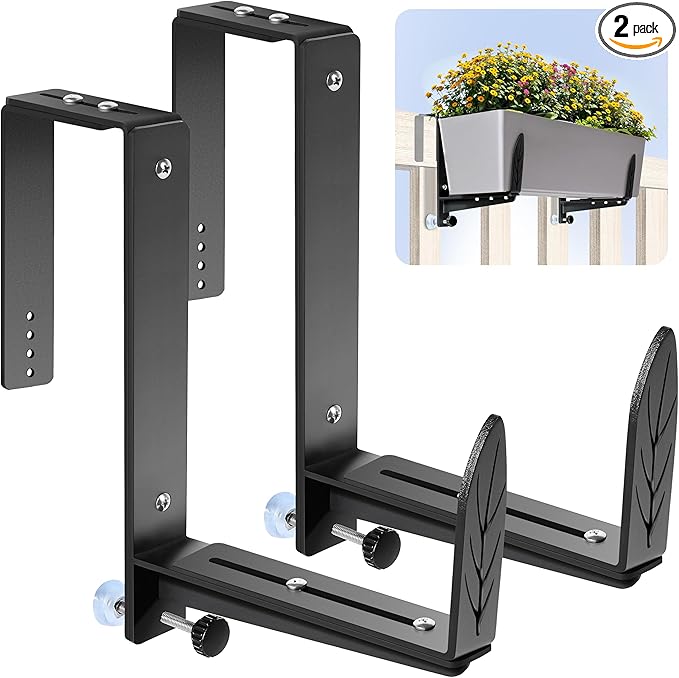 Window Box Brackets, Adjustable Planter Box Brackets, Heavy Duty Iron Flower Box Bracket for Deck Railing with Upgraded Bottom Support - Ideal for Balconies, Fences, and Gardens (2)