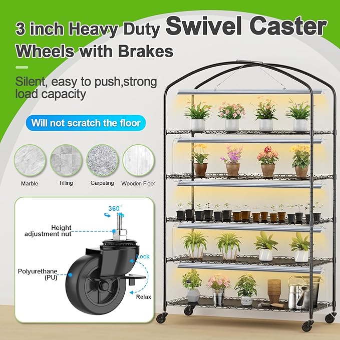 Abimars 5-Tier Greenhouse with Grow Light, Shelf Height Adjustable Metal Plant Shelf with PVC Cover and Wheels, Includes 5-Pack 2900K Full Spectrum Plant Lights, 21x49x80inch