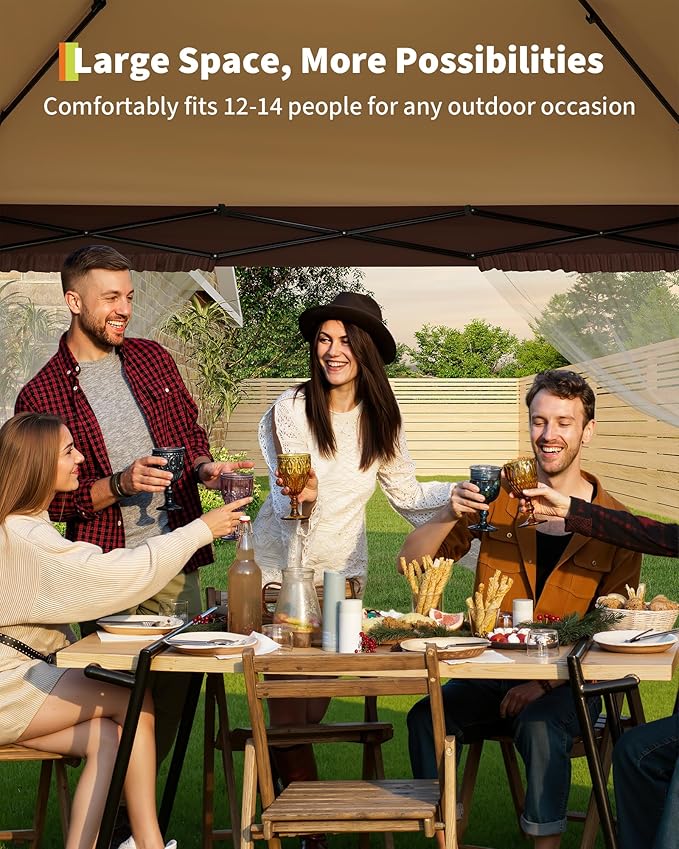 Canopy Tent 13x13 ft, Pop Up Gazebo One-Push Setup with 4 SandBags for Backyard Parties and BBQs, Mosquito Netting & Height Adjustable - Khaki & Coffee