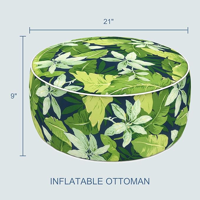 LVTXIII Indoor/Outdoor Inflatable Ottoman with Handle D21 x H9 Inch, Weather-Resistant Round Footstool Pouf for Patio Camping Living Room, Portable Footrest Extra Seating, Jungle Leaves
