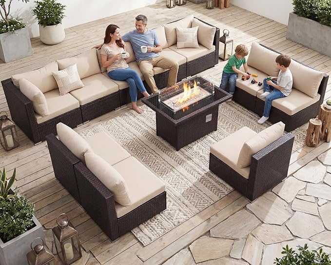 NICESOUL Modern Luxury Outdoor Patio Sectional Furniture Set with Fire Pit Table, Large Size PE Brown Wicker 29.3'' High Back Conversation Set with Natural Gas/Propane Fireplace, 11 Pieces 10 Seats