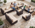 NICESOUL Modern Luxury Outdoor Patio Sectional Furniture Set with Fire Pit Table, Large Size PE Brown Wicker 29.3'' High Back Conversation Set with Natural Gas/Propane Fireplace, 11 Pieces 10 Seats