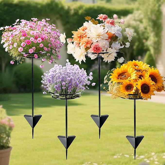 Tellingyou 4 Pack Adjustable Outdoor Flower Pot Stand, Metal Outdoor Plant Stands, Spring Summer Versatile Plant Stand Garden Stake for Display Plants, Elegant Solution for Landscaping Decor (Black)
