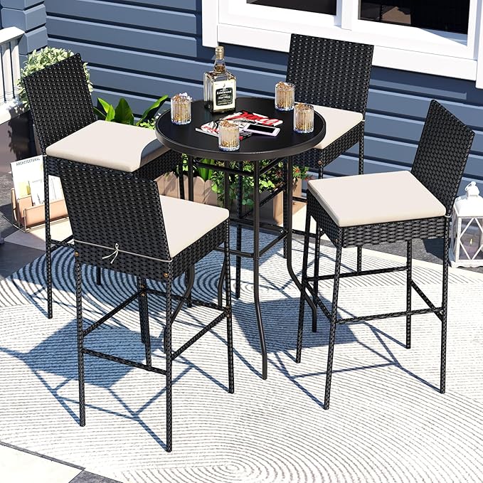 HAPPYGRILL Wicker Patio Barstools Set of 2, Outdoor Rattan Bar Chairs with Footrest & Backrest, Armless High Top Chairs with Seat Cushions for Backyard, Balcony