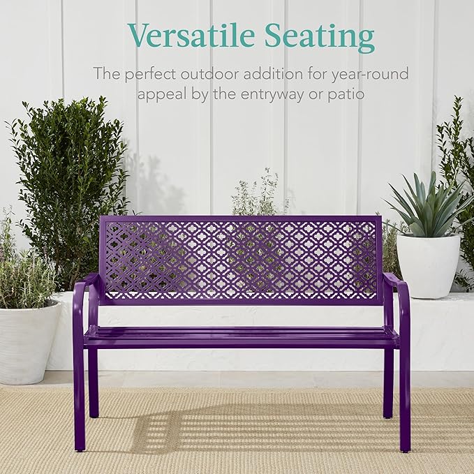 Best Choice Products Outdoor Bench 2-Person Metal Steel Benches Furniture for Garden, Patio, Porch, Entryway w/Geometric Backrest, 790lb Capacity - Dark Purple