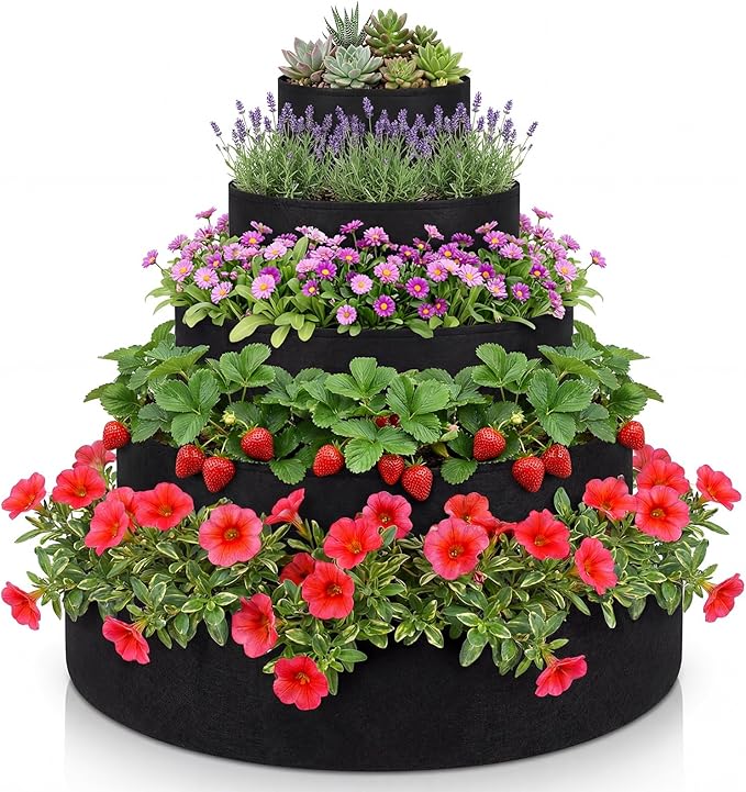5 Tiered Strawberry Planter for Outdoor Plants, 39 Inch Heavy Duty Strawberry Tower Planter Grow Bags, Breathable Non Woven Fabric Raised Garden Bed for Vegetables Flower Herbs Gardening