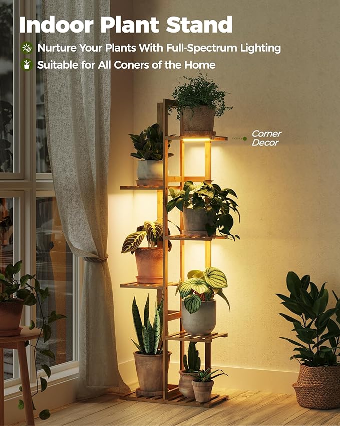 Bamworld Bamboo Plant Stand with Grow Light 6 Tiered Plant Shelf Indoor Outdoor Corner Plant Rack for Multiple Plants Flower Stand Plant Holder for Living Room Bedroom Balcony Patio Garden 48 Inch Natural