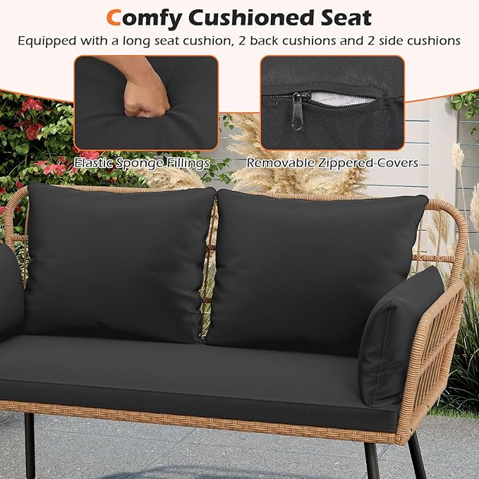 Tangkula Patio Wicker Loveseat, Outdoor Rattan 2-Seat Cushioned Sofa with Heavy Duty Metal Frame, for Backyard,Porch,Poolside (Black)