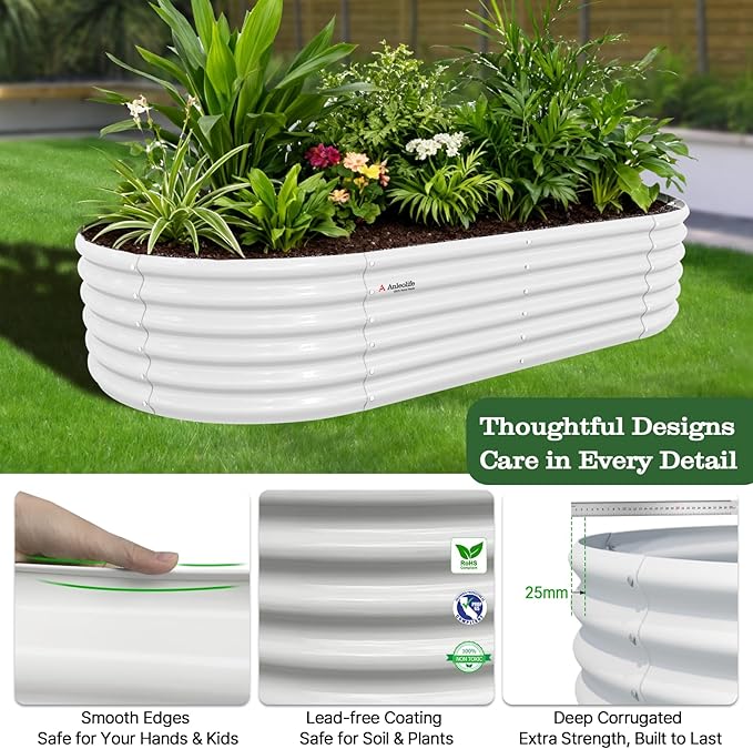 A ANLEOLIFE 8X4X1.5 ft Galvanized Raised Garden Beds Outdoor, Oval Large Metal Planter Box for Planting Vegetables Flowers Herb, Anti-Rust & Easy-Setup, Antique White