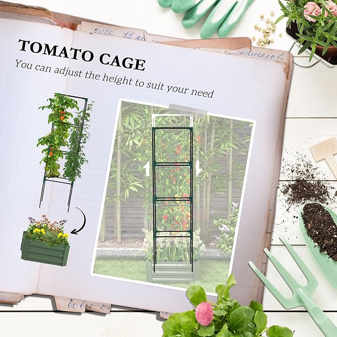 Outsunny Galvanized Raised Garden Bed, 73.5" Tall Outdoor Planter Box with Trellis Tomato Cage and Open Bottom for Climbing Vines, Vegetables, Flowers in Backyard, Garden, Patio, Green