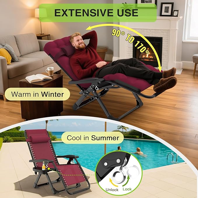 Suteck Zero Gravity Chair, Reclining Camping Lounge Chair w/Removable Cushion, Upgraded Lock and Cup Holder, Reclining Patio Chairs Folding Recliner for Indoor and Outdoor, Claret