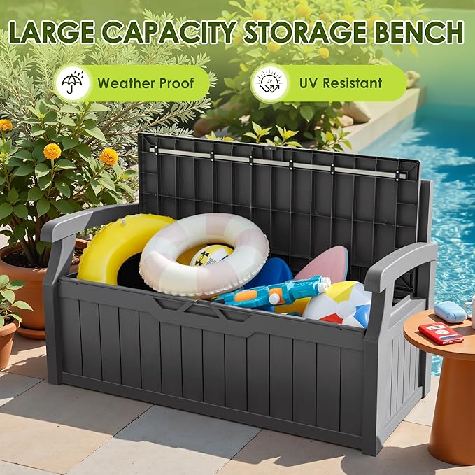 Greesum 80 Gallon Outdoor Storage Bench, Resin Patio Furniture with Armrest,Waterproof and UV-Resistant, Perfect to Garden, Poolside and Lawn, Dark Grey