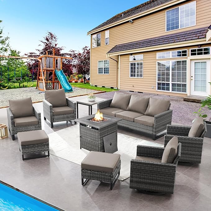 Belord Patio Furniture Set with Fire Pit Table: 9 Pieces Wicker Oversize Patio Conversation Set with Outdoor Swivel Glider Rocker Rattan Couch Ottomans, Anti-Rust Frame, Removable Cushion Grey
