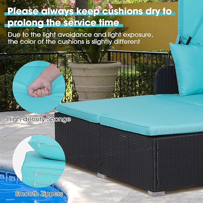 COSTWAY Outdoor Daybed with Retractable Canopy, Wicker Patio Furniture Set with Cushioned Pillows, Patio Rattan Daybed for Deck, Backyard, Poolside (Turquoise)