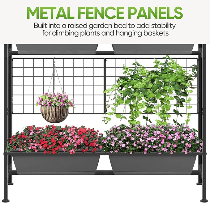 CADUKE Raised Planter Box, Plastic Raised Garden Bed with Legs, Standing Planter Box with Drainage Holes & Trellis, 32" Elevated Flower Beds Outdoor & Indoor for Vegetables, Balcony, Patio, Grey