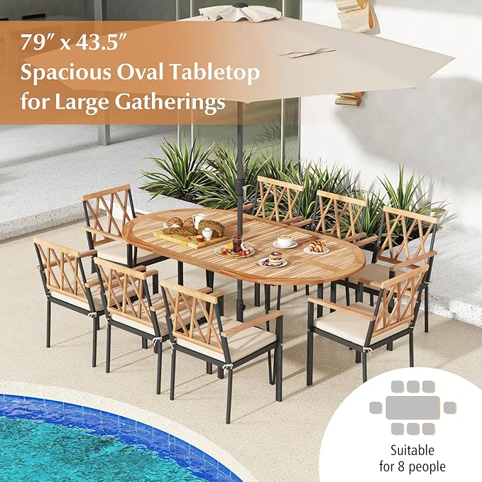 Tangkula 79" Large Patio Dining Table for 6, Acacia Wood 6-Person Dining Table with 2.5" Umbrella Hole & Metal Legs & Adjustable Foot Pads, Oval Outside Table for Garden, Poolside & Backyard