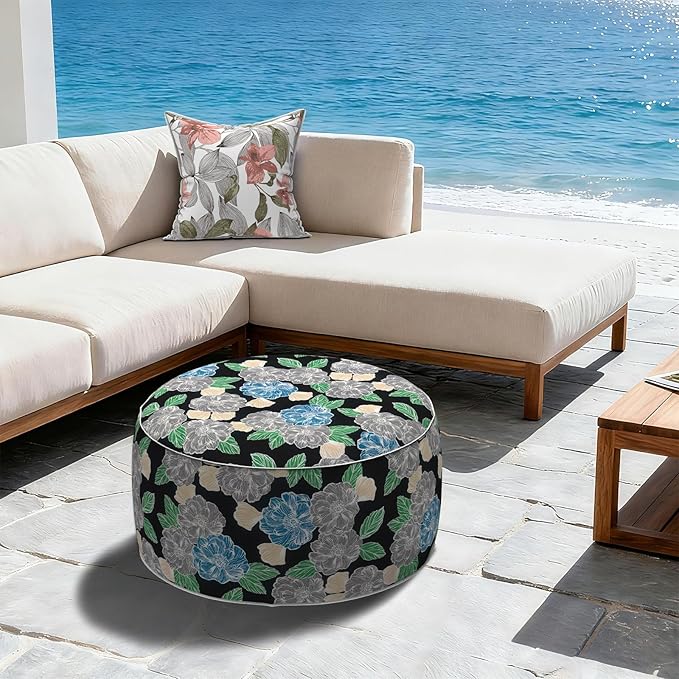 LVTXIII Outdoor Inflatable Ottoman, Fade-Resistant Round Footrest Stool D31”x H14”, Portable Patio Pouf for Garden Camping or Home Use, Peony Garden