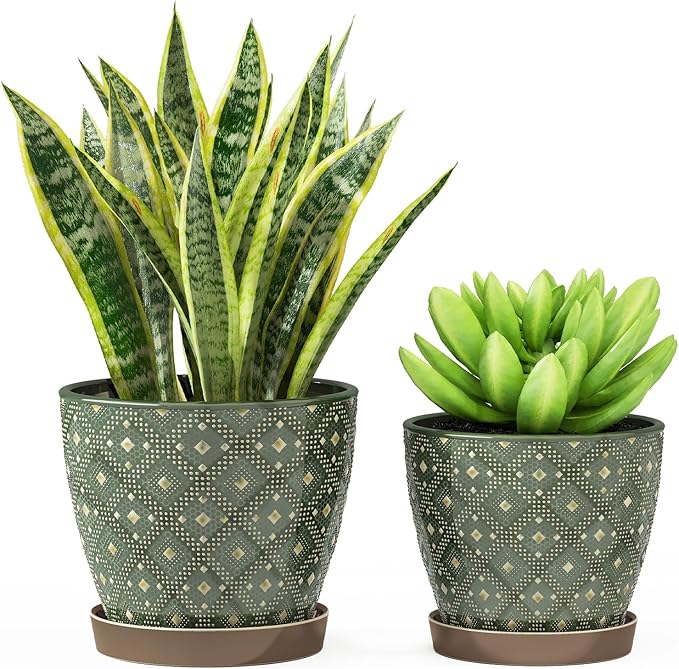 Docrin Dark Green Ceramic Planter Set - 6.6"+5.5" Indoor Outdoor Pots with Drainage Holes & Saucers for Home Office Decor