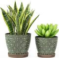 Docrin Dark Green Ceramic Planter Set - 6.6"+5.5" Indoor Outdoor Pots with Drainage Holes & Saucers for Home Office Decor