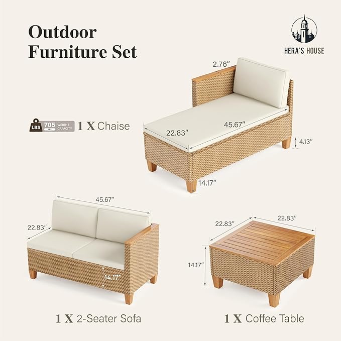 HERA'S HOUSE Small Patio Furniture Set, 3 Pieces Wicker Outdoor Sectional Sets,Yellow Rattan Conversation Set with Sofa and Coffee Table for Garden and Backyard, l Shape Boho Balcony Couch Sets