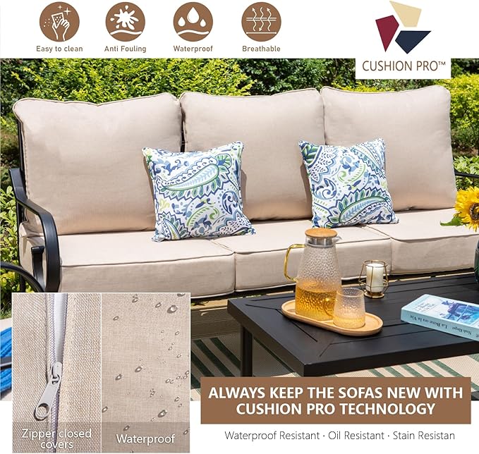 MFSTUDIO 7 Seats Large Metal Patio Conversation Sets, 5 Pieces Outdoor Furniture Sofa with 2 Motion Chairs, 1 Sofa(3-seat), 1 Loveseat and Table for Outside Balcony Backyard Poolside