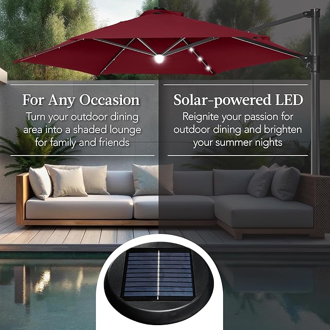 Best Choice Products 10ft Solar LED Offset Cantilever Hanging Market Patio Umbrella, Smooth 360° Rotation, 8 Sturdy Ribs, Easy Adjustment - Burgundy