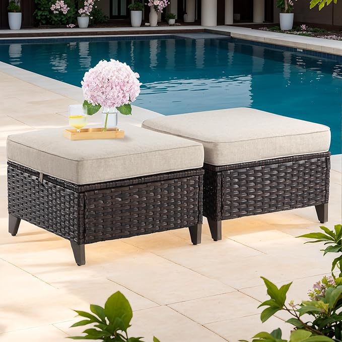 Joyside Patio Ottoman Set of 2, All Weather Outdoor Rattan Ottomans Patio Footstools with Removable Cushions for Garden Backyard Porch (Beige)