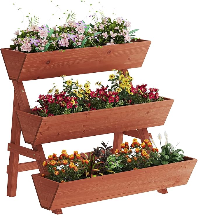 3-Tiers Wooden Raised Garden Bed,Wood Planter Box for Vegetable,Flower Rack,Flower Pot Stands,Indoor Outdoor Gardening Planting Beds (Brick red, Large)